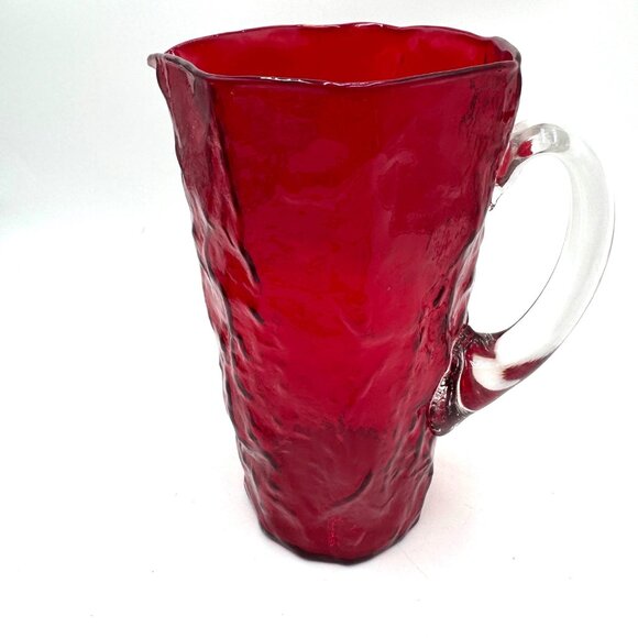 Morgantown Ruby Red Crinkle Glass 9" Pinched Pitcher With Clear Handle EUC - Picture 4 of 14